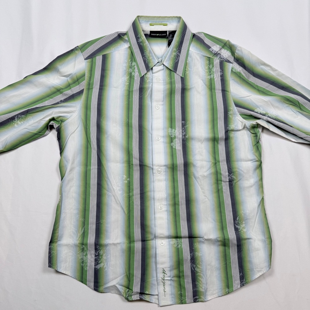 DKNY Jeans Mens Large Striped Button Down Shirt Long Sleeve Green Blue Palm Tree